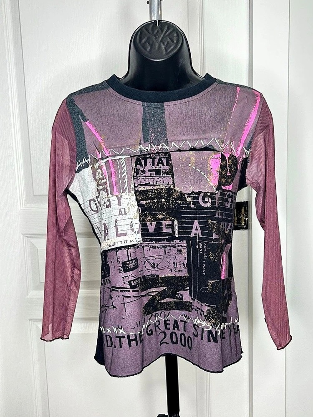 Y2K Mesh long sleeve top with city graphic